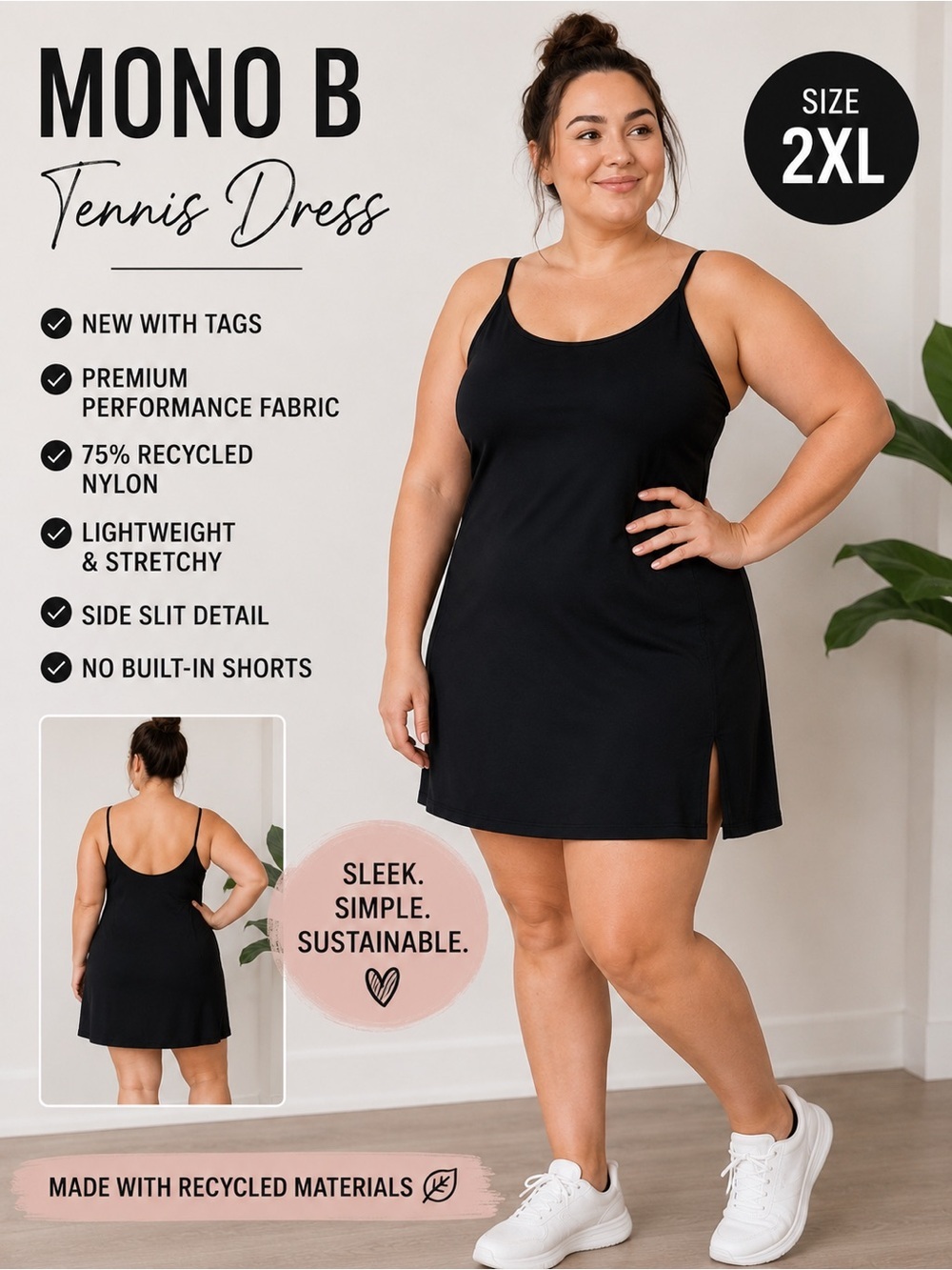 NWT Mono B Black Tennis Dress Athletic Activewear 2XL Athleisure Plus Size
